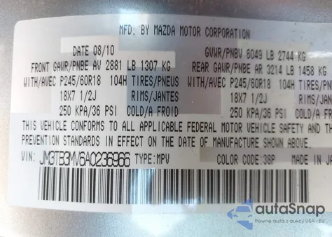 2010 Mazda Cx-9 Touring z USA, uszkodzony, nr VIN JM3TB3MV6A0236966